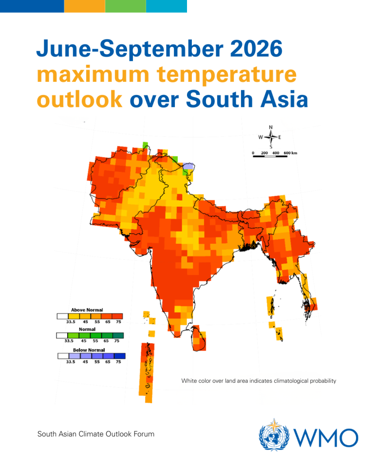 Map showing the projected maximum temperature outlook for South Asia in June-September 2026, with most areas predicted to be above normal; WMO logo in bottom right corner.
