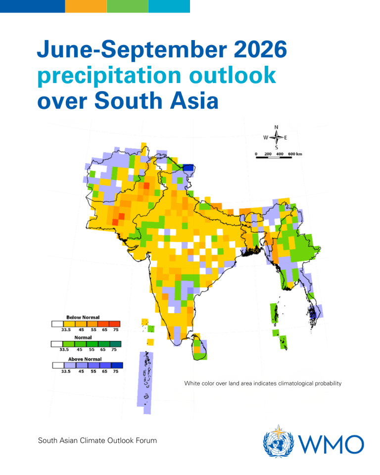 A map showing the June-September 2026 precipitation outlook over South Asia, with color-coded regions indicating below normal, normal, and above normal rainfall probabilities.