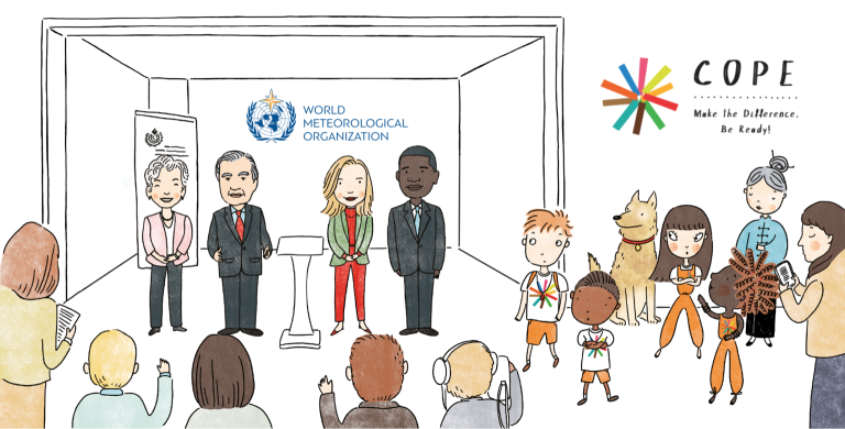 A group of four adults stands at a podium under a World Meteorological Organization banner, facing an audience of children and adults, with the COPE logo and slogan on the right.