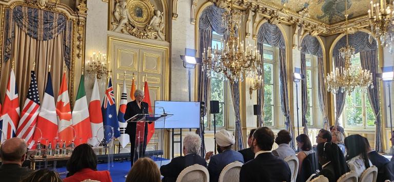 A person speaks at a podium in an ornate room with chandeliers, international flags, and an audience seated facing the stage.