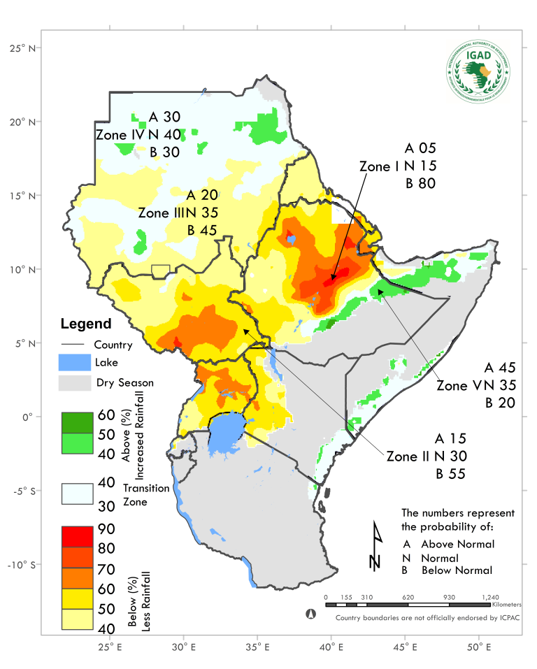 3d7b8730-6807-17e4-6b8e-cb3294b39d1f.png Map showing the probability of above or below normal rainfall in Eastern Africa, with zones color-coded by likelihood and a legend indicating rainfall levels for the 2019 dry season.