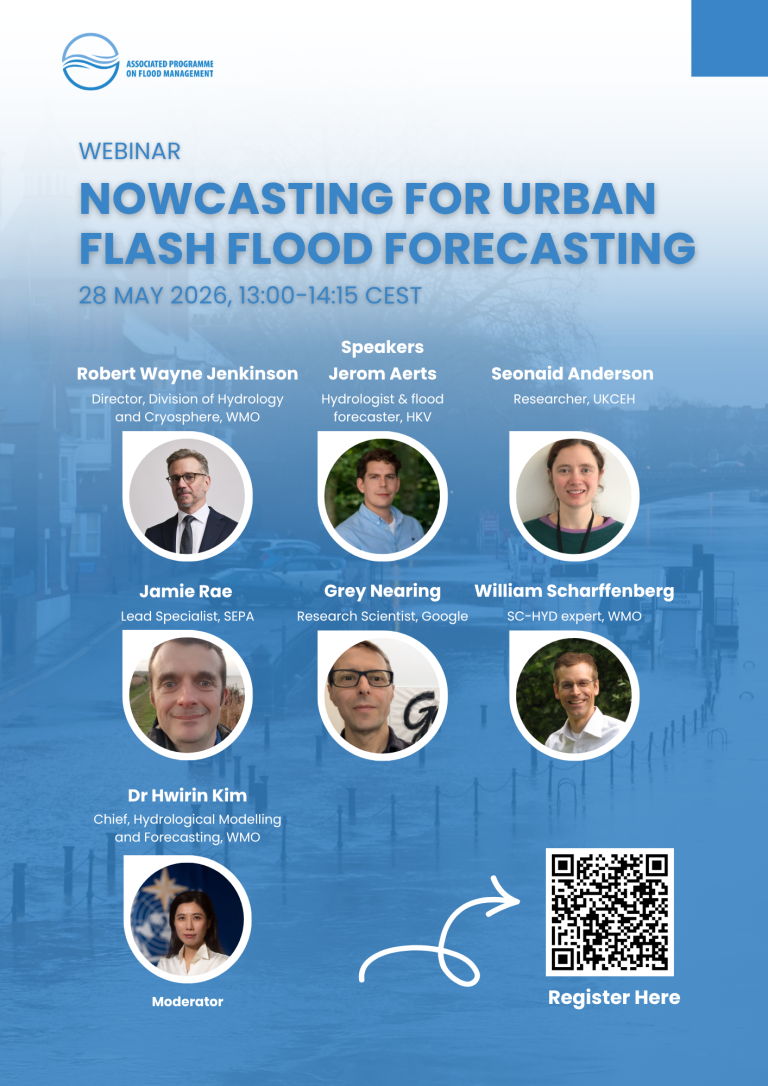 Webinar poster for "Nowcasting for Urban Flash Flood Forecasting" on 28 May 2026, featuring speakers' names, titles, photos, and a QR code to register.