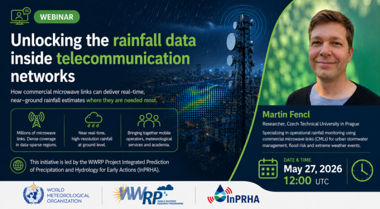 Webinar promotional graphic on using telecommunication networks to monitor rainfall, featuring event details, speaker Martin Fencl, logos, and a data-related background.