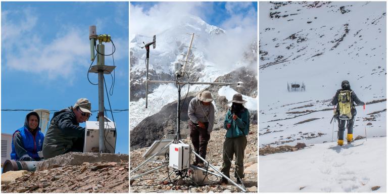 Researchers install and check weather monitoring equipment on a mountain, with snow-covered peaks and glacier in the background. One person approaches a remote station in snowy conditions.