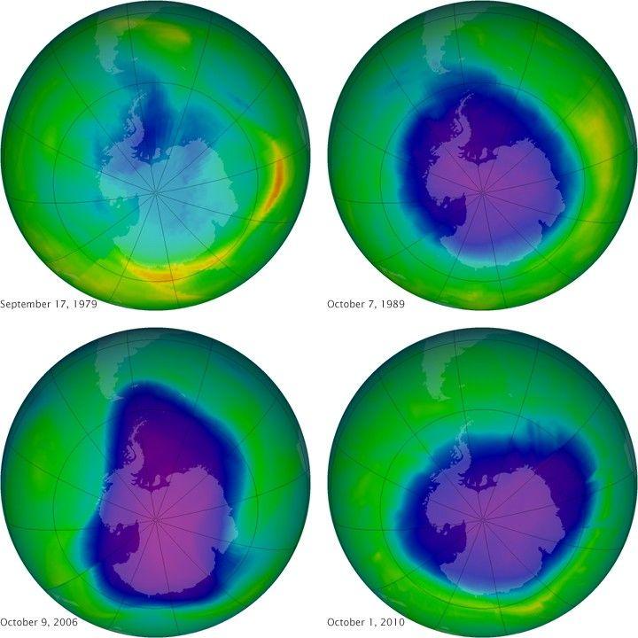 04. Ozone - Image 1.jpg Four satellite images show the ozone hole over Antarctica on different dates from 1979 to 2010, illustrating its expansion and change in size and color over time.