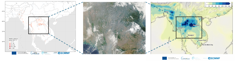 Three-panel image: left shows wildfire locations in Southeast Asia, center shows a satellite view of smoke over the region, and right shows a map of particulate matter concentration.