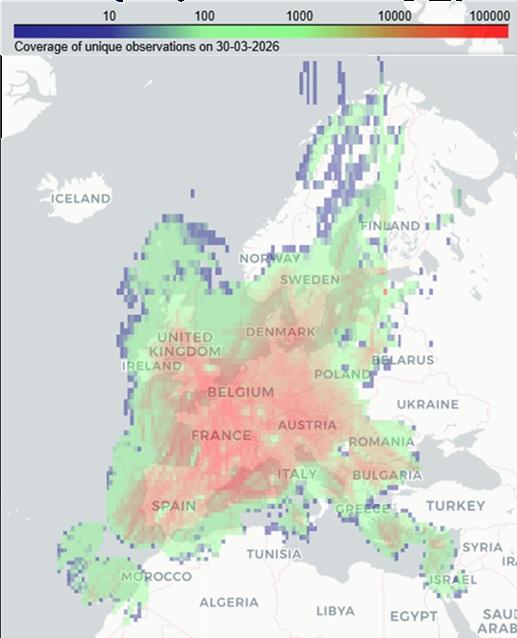 A heatmap shows coverage of unique observations across Europe on March 30, 2026, with highest density in France, Belgium, and surrounding regions.