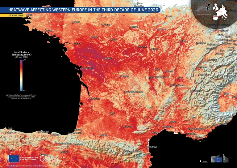 Map of Western Europe on 23 June 2026 showing widespread high land surface temperatures in red, indicating a heatwave affecting France and neighboring regions.