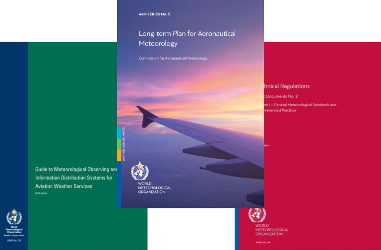 A book cover with an airplane wing against a sunset sky, titled "Long-term Plan for Aeronautical Meteorology" by the World Meteorological Organization. Other meteorology book covers are in the background.