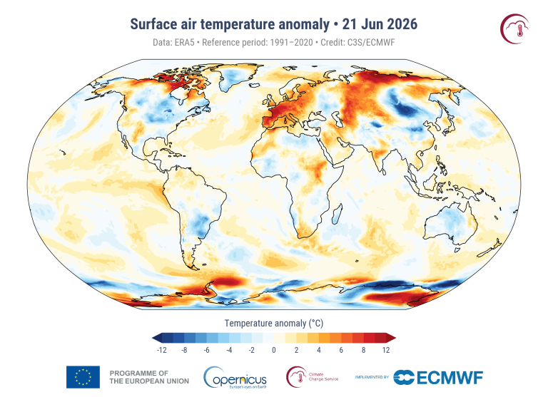 climpulse_map_era5_download_daily_2t_anomaly_20260621.png World map showing surface air temperature anomalies for June 21, 2026, with areas in blue cooler and areas in red warmer than the 1991-2020 average.