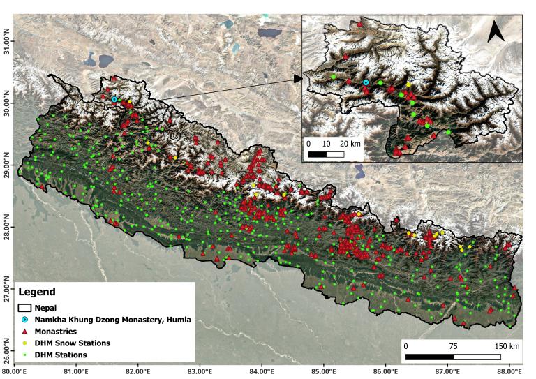 01 Himalayan Monasteries - Image 2.jpeg Map of Nepal showing locations of monasteries, snow stations, and DHM stations, with a zoomed-in inset of Humla region. Symbols and colors differentiate each type of site.