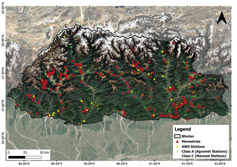 01 Himalayan Monasteries - Image 3.jpg Map of Bhutan showing locations of monasteries, AWS stations, Class A (Agromet), and Class C (manned) stations, marked by colored symbols with a terrain background.