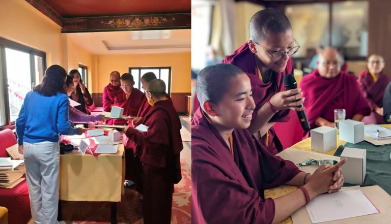 01 Himalayan Monasteries - Image 4 - merged.jpg Two photos show Buddhist nuns in maroon robes participating in group activities indoors, with some receiving papers and others engaging with a microphone and phone at a table.