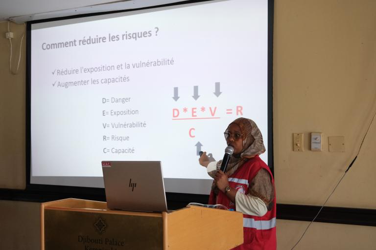 A woman in a red vest presents a slide on risk reduction in French, pointing to a risk calculation formula on a screen with a microphone in hand.