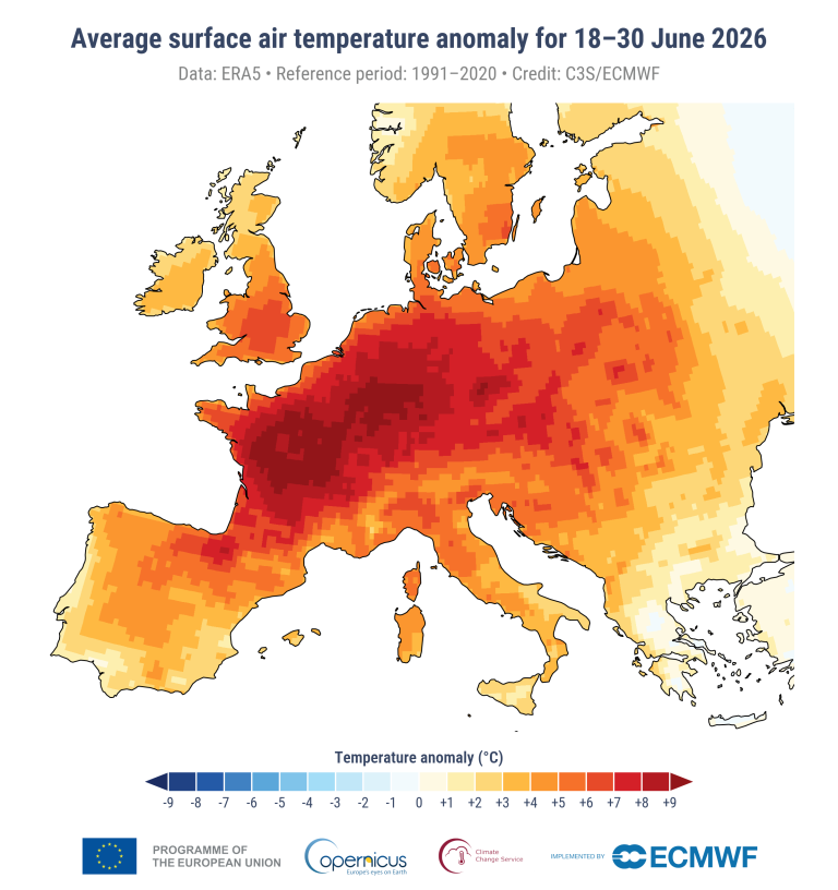 C3S_Bulletin_PR_202606_map_surface_temperature_anomalies_18-30_june.png Map of Europe showing surface air temperature anomalies from June 18-30, 2026, with most regions experiencing higher-than-average temperatures, especially in central and eastern Europe.