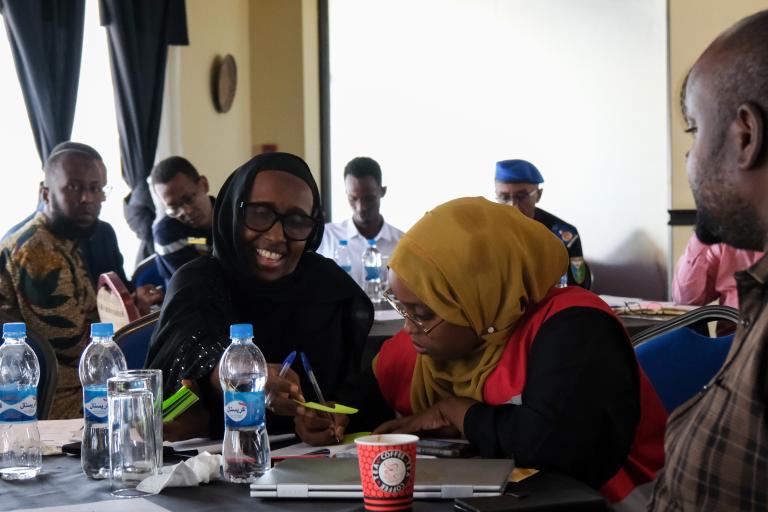 Djibouti Several people sit around a table with water bottles, two women in the foreground discussing documents, one smiling and holding a pen. Other attendees are visible in the background.