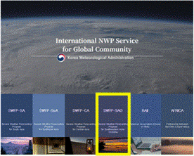 Homepage of the International NWP Service by the Korea Meteorological Administration, highlighting the SWP-SAO service section with a yellow border.
