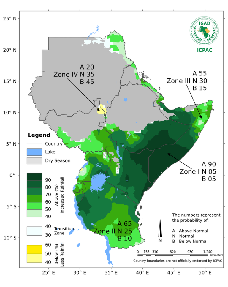 Map of East Africa showing rainfall probabilities for March to May 2023, with zones marked A (above), N (normal), B (below) normal rainfall and corresponding probabilities by region.
