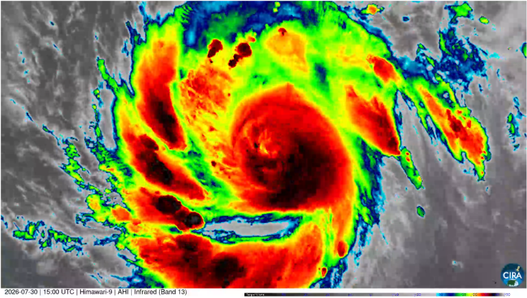 Screenshot 2026-08-11 141134.png Infrared satellite image of a hurricane shows intense red, yellow, and green cloud bands spiraling around a defined eye.