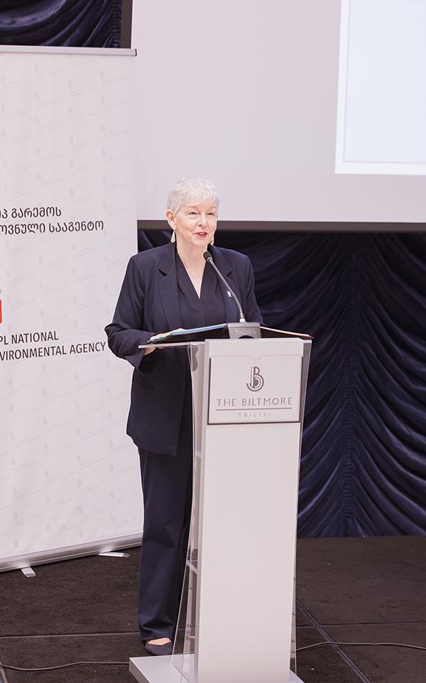 WMO Deputy Secretary-General Ms. Ko Barrett.jpg A person in a dark suit stands at a podium labeled