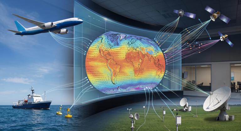 Collage of airplane, ship, satellites, and weather stations collecting data around a colorful world map displaying weather patterns.