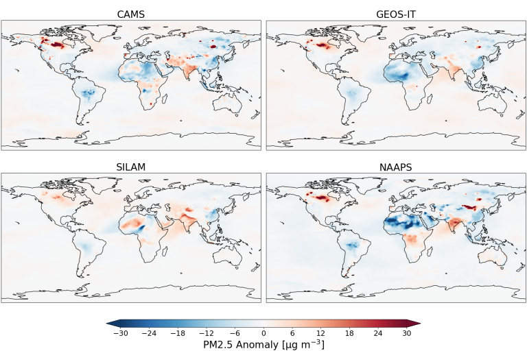 Picture1.png Four world maps show PM2.5 anomaly data from CAMS, GEOS-IT, SILAM, and NAAPS models, with blue for negative and red for positive anomalies.