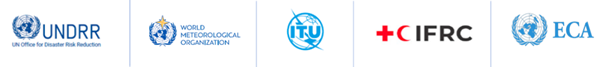 Logos of UNDRR, World Meteorological Organization, ITU, IFRC, and ECA, each featuring their respective names and symbols on a white background.