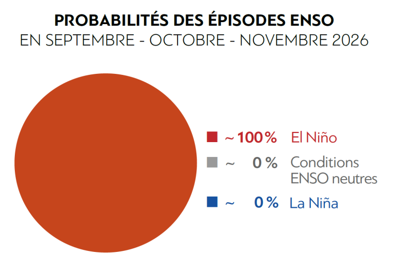 Diagramme circulaire indiquant une probabilité de 100 % pour El Niño, de 0 % pour un ENSO neutre et de 0 % pour La Niña pour la période de septembre à novembre 2026.