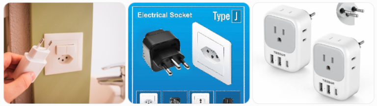Three images of Type J electrical sockets and adapters: a hand plugging in a cord, a diagram of the socket and plug, and two white wall plug adapters.