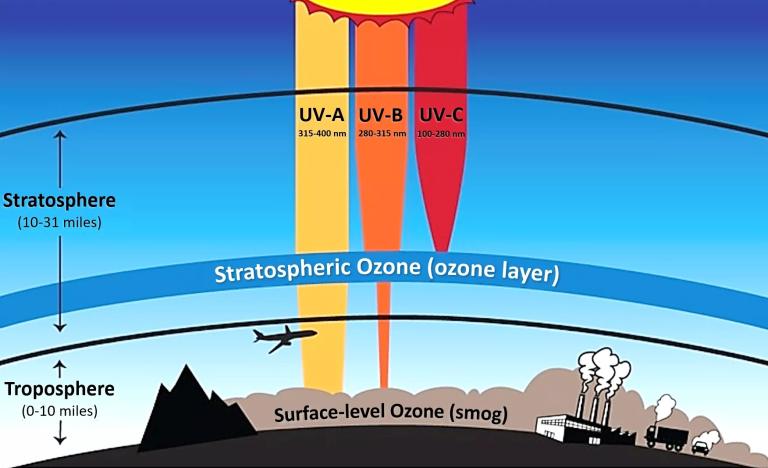 Diagram showing the ozone layer in the stratosphere blocking UV radiation, with surface-level ozone near pollution sources in the troposphere.