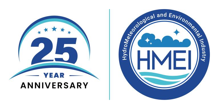 A 25th anniversary logo next to the circular logo for the HydroMeteorological and Environmental Industry (HMEI).