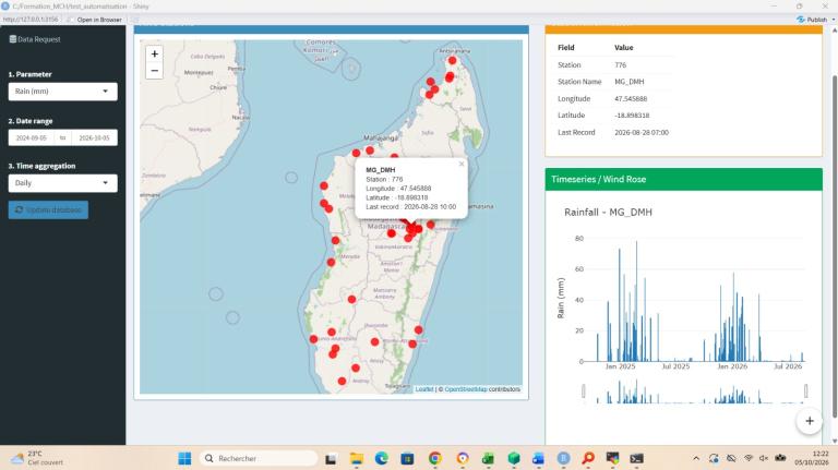 A meteorological data dashboard showing a map of Madagascar with rainfall measurement stations, featuring a pop-up window with station details and a corresponding bar chart of rainfall over time.