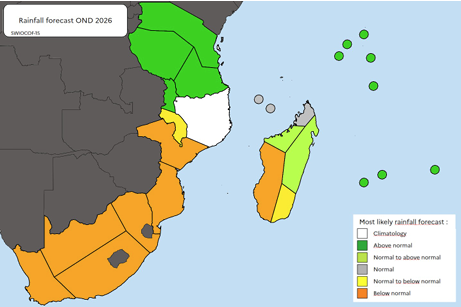 Consensus forecast of precipitation for OND 2026 in SWIO region.png A map of East Africa and islands showing the 2026 OND rainfall forecast with regions marked as above normal, normal, below normal, or normal to below normal.