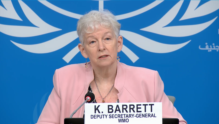 K. Barrett, Deputy Secretary-General of the WMO, speaking at a podium in front of a United Nations backdrop.