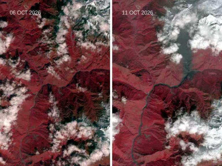 Satellite comparison of a mountain landscape on October 6 and October 11, 2026, showing a shift in cloud cover and vegetation coloration.