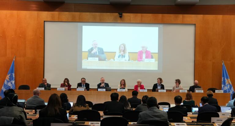 A large conference room with delegates seated at tables facing a projection screen displaying three people participating in a remote meeting.