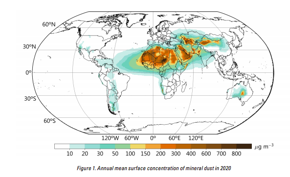 Annual mean surface concentration of mineral dust in 2020