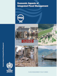 Cover of a publication titled "economic aspects of integrated flood management," featuring three images: urban flooding, a closed shop due to flood, and a person fishing in a river.