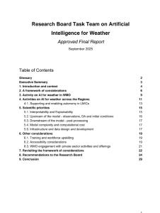 Table of contents page from a report on artificial intelligence for weather, detailing section titles and corresponding page numbers.