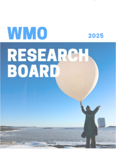 Person holding a large white weather balloon outdoors on snow-covered ground; cover of the "WMO Research Board 2025" brochure with organizational logos at the top.