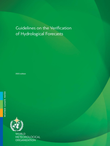 Cover of the "Guidelines on the Verification of Hydrological Forecasts, 2025 edition" by the World Meteorological Organization, featuring a green abstract design.