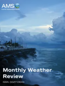 Cover of Monthly Weather Review showing waves crashing against a rocky shoreline under a cloudy sky, with boats and trees in the background. AMS logo is at the top.