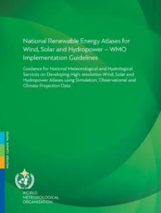 Cover of a WMO publication titled "National Renewable Energy Atlases for Wind, Solar and Hydropower – WMO Implementation Guidelines" on a green background.