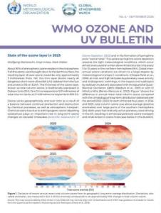 Front page of the WMO Ozone and UV Bulletin featuring text on the ozone layer in 2023 and six world maps showing ozone concentration data.