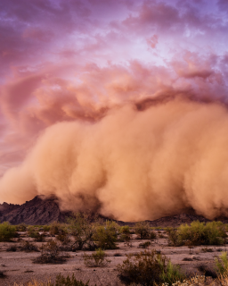 A cloud of dust in the desert with mountains in the background.
