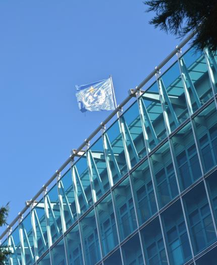 The flag of the united nations flies over a glass building.