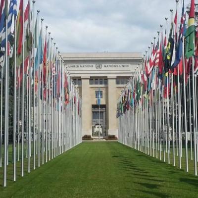 A large group of flags in front of a building.