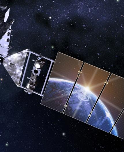 A satellite orbits Earth in space, with the planet visible in the background and solar panels extended.