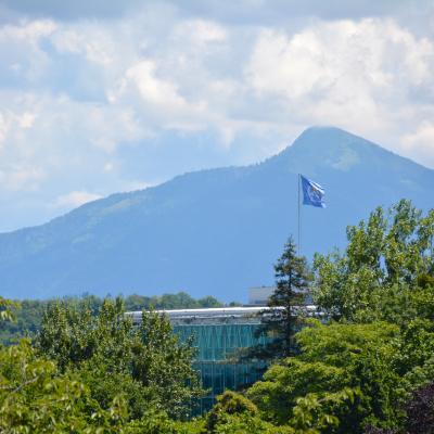 A glass building is surrounded by greenery with a flag flying in front of it. In the background, there is a mountain range under a partly cloudy sky.