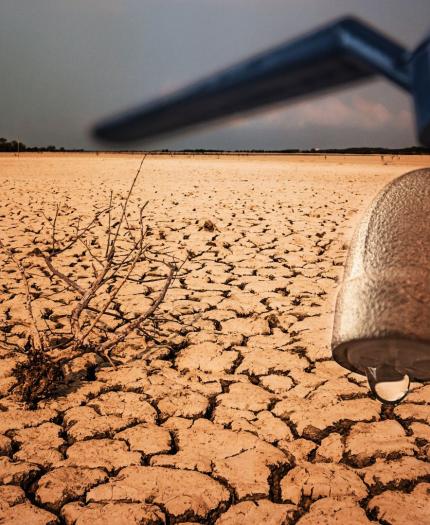 A dry, cracked landscape with a single dried plant and a close-up of a faucet with a single droplet of water, symbolizing drought and water scarcity.